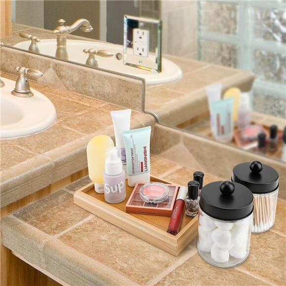 Glass Apothecary Jars with Lids Set, Glass Qtip Holder with Bamboo Tray, 2 Pack - Picture 4 of 6